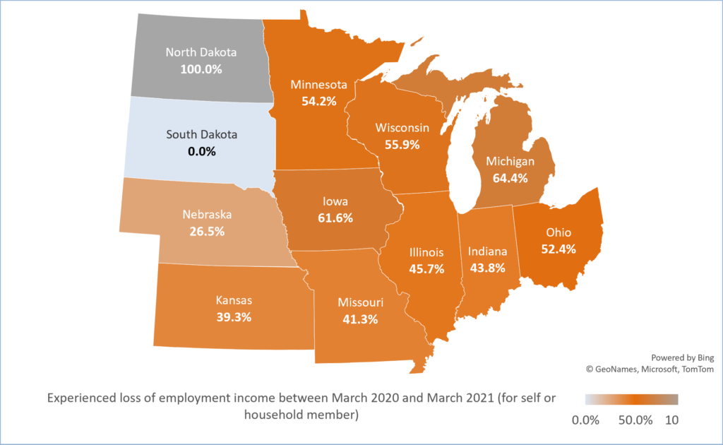 NC region map % of Black respondents that experience loss of employment income between 3/2020 and 3/2021