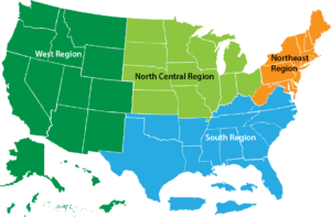 U.S. map showing the four RRDC regions