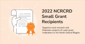 Graphic icon of a hand holding a paper with award stamped on it. Banner text says, "2022 NCRCRD Small Grant Recipients"