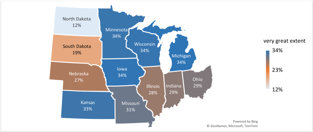 Figure 5: Climate change or global warming awareness in the North Central Region by state (N=4,156)Thirty-four percent of respondents in Minnesota, Wisconsin, Michigan, and Iowa showed a very great extent of their awareness.