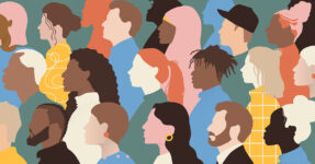 illustration of a group of diverse people all standing in profile.