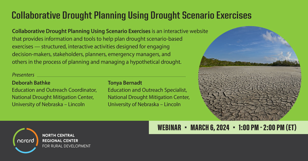 Banner for NCRCRD webinar, "Collaborative drought planning using drought scenario exercises," on March 6, 2024, 1:00 pm (ET). Includes image of a dry river bed.