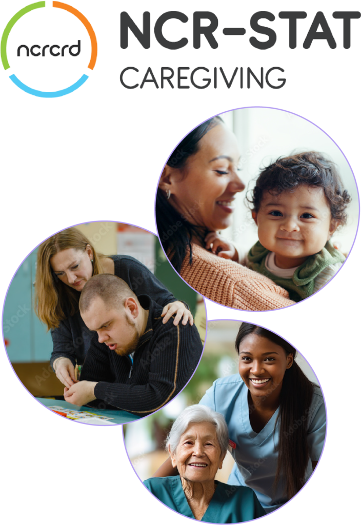 Image: NCR-Stat: Caregiving logo plus a group of three photos showing child care, adult care and elder care situations.