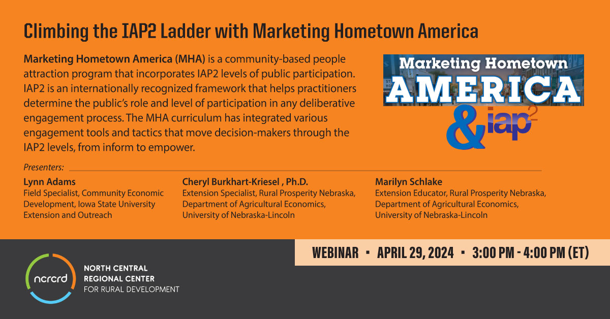 Banner that is mostly text advertises the NCRCRD April webinar, "Climbing the IAP2 Ladder with Marketing hometown America" on 4/29/24 at 3 pm (ET).