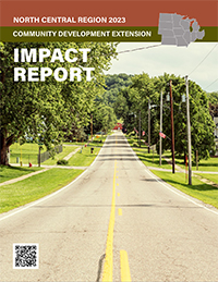 Impact Report 2023 cover showing a rural road with houses on either side and US flags on the light posts.