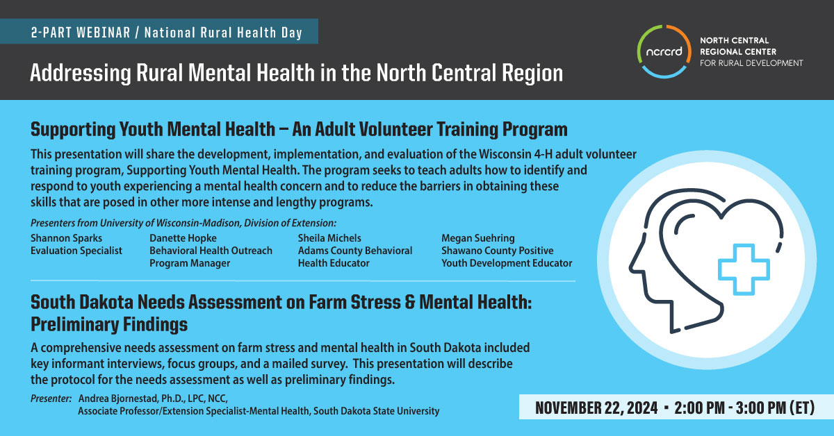 Addressing Rural Mental Health in the North Central Region includes line drawing of a head with a heart and a healthcare cross.