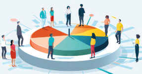 illustration of a group of people standing on a pie chart.