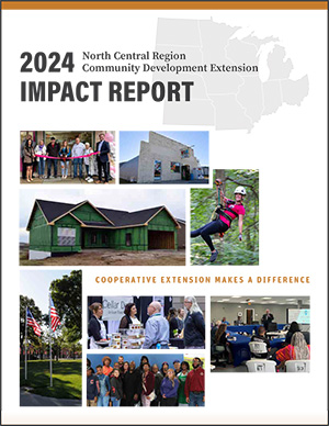 multiple photos - ribbon cutting, grocery store, house building site, meetings U.S. flags - all from north central region of U.S.