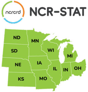 Map of North Central Region in US that identifies the 12 states in green.