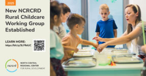 daycare instructor helps young children at a table doing an art project.