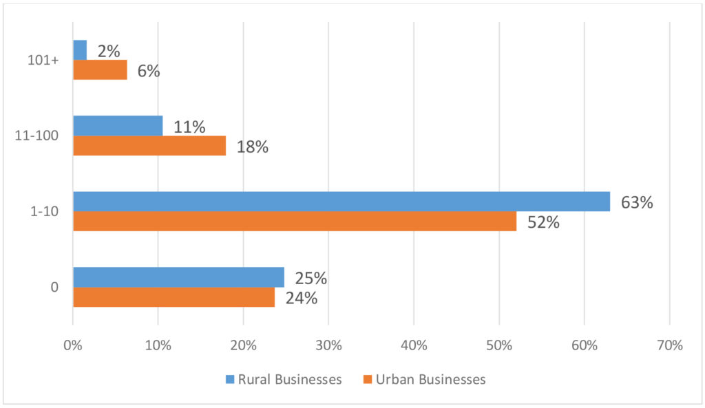 Figure 1: Bar graph showing the number of employees of rural and urban businesses.
