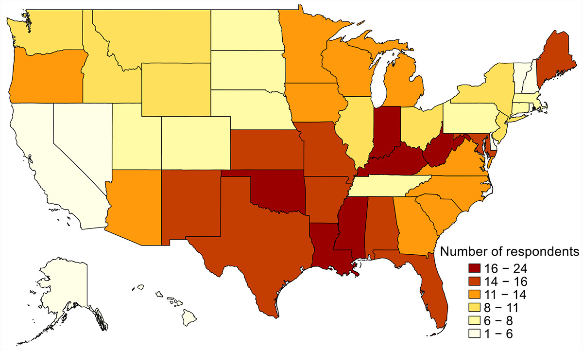 Figure 1. Distribution of self-employed rural respondents (both in-migrants and locals) by state in the U.S. (N=570)