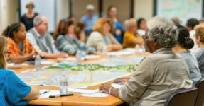 community meeting with people sitting around large table with map in center