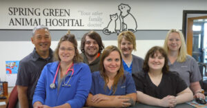 A group of people standing behind a counter.